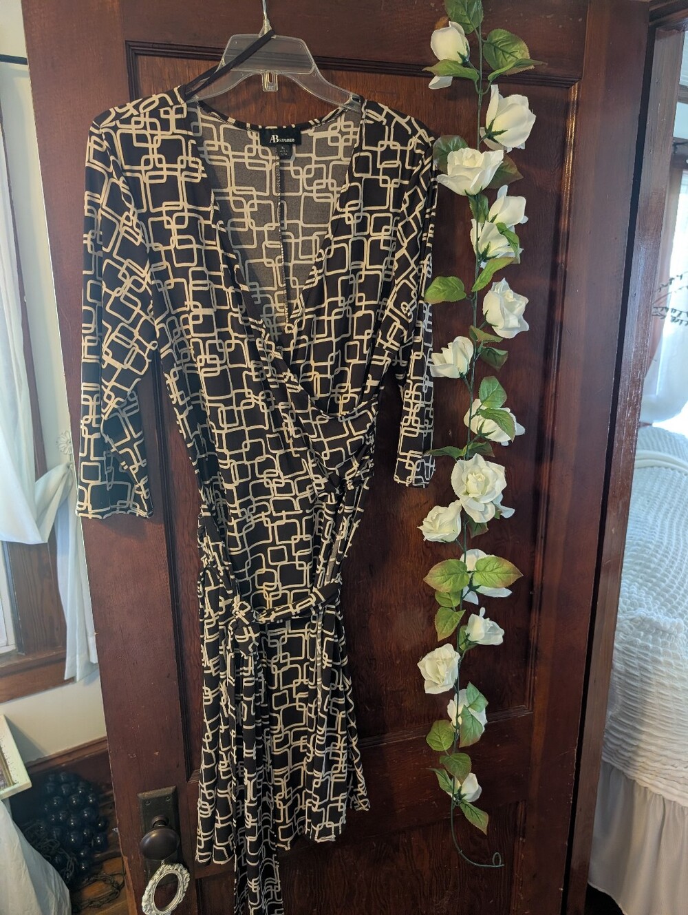 Y2K AB Studio Brown & Cream Geometric Faux-Wrap Dress XL